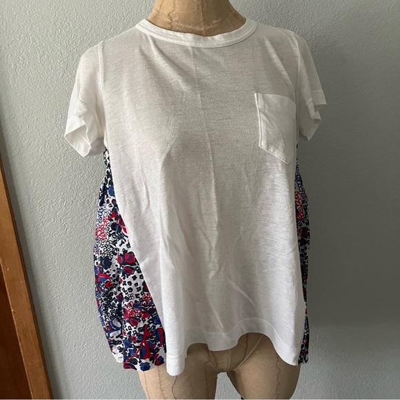 SOLD SACAI sz 2 S WHITE Linen Tee Flare Back Floral Print Short Sleeve Tshirt - Picture 4 of 12